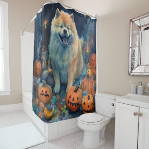 Halloween Chow Chow With Pumpkins Scary  Shower Curtain