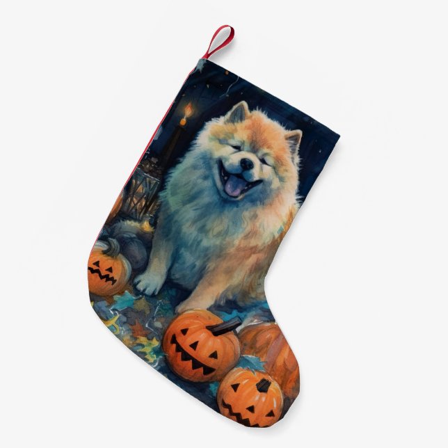 Halloween Chow Chow With Pumpkins Scary  Small Christmas Stocking (Front (Hanging))