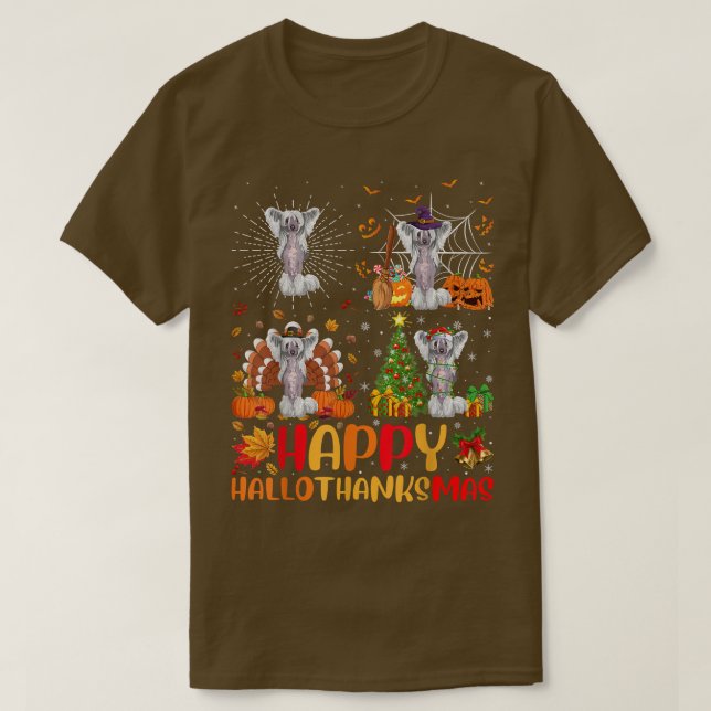 Halloween Christmas Funny Chinese Crested Dog Hall T-Shirt (Design Front)