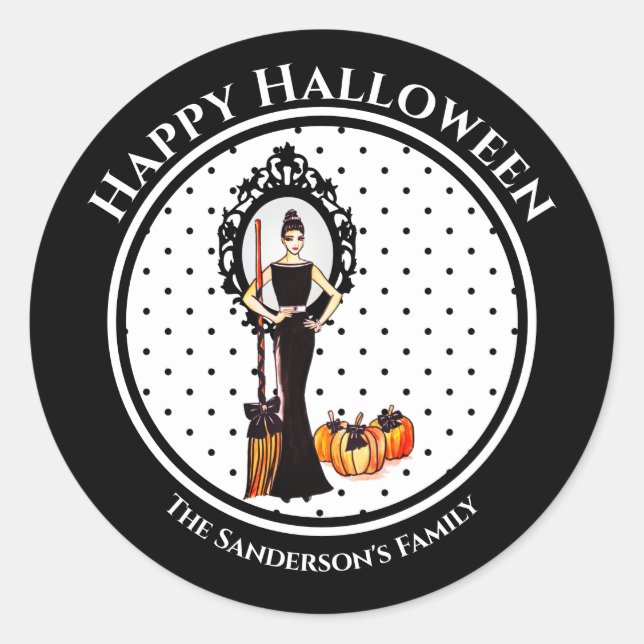 Halloween Classic Elegant Black Dress Polka Dots Round Sticker (Front)