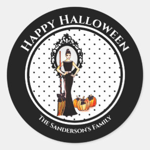 Halloween Classic Elegant Black Dress Polka Dots Round Sticker