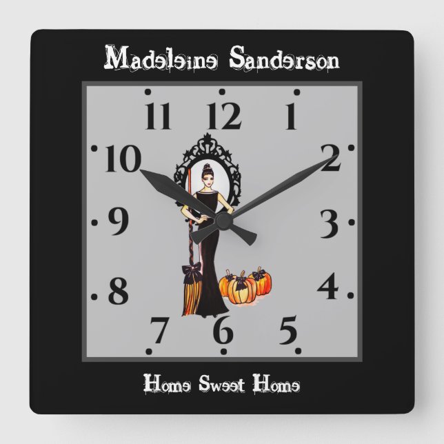 Halloween Classic Elegant Witch Black Dress Square Wall Clock (Front)
