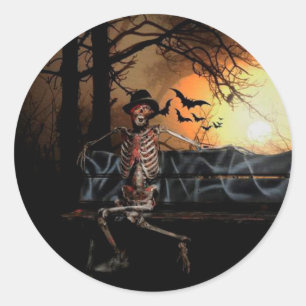 Halloween Classic Round Sticker/Skeleton and Bats Sticker