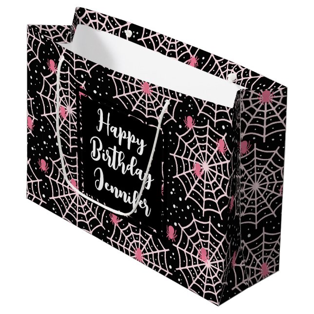 Halloween Cobwebs & Spiders Pattern Birtjday Large Gift Bag (Front Angled)