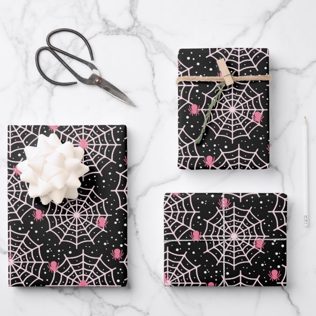 Halloween Cobwebs & Spiders Pattern Wrapping Paper Sheet (Front)