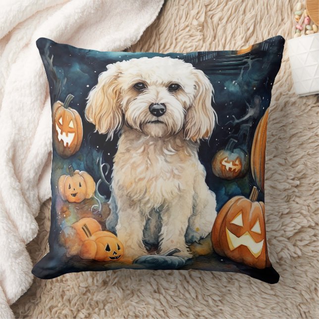 Halloween Cockapoo With Pumpkins Scary  Cushion (Blanket)