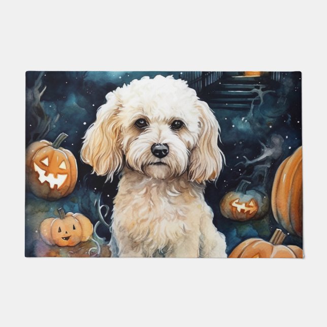 Halloween Cockapoo With Pumpkins Scary  Doormat (Front)