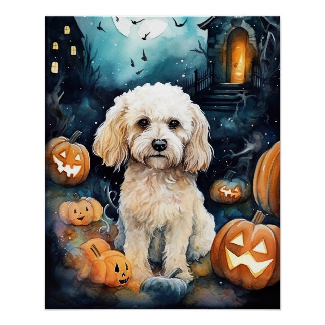 Halloween Cockapoo With Pumpkins Scary  Poster (Front)