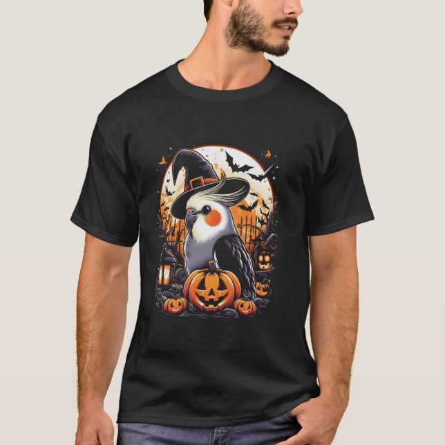 Halloween Cockatiel Witch Hat Costume Moon T Shirt (Front)