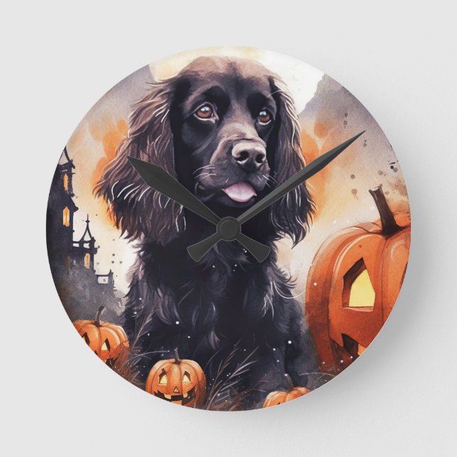 Halloween Cocker Spaniel With Pumpkins  Round Clock (Front)