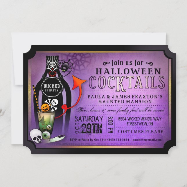 Halloween Cocktail Party Drinks Purple Invitation (Front)