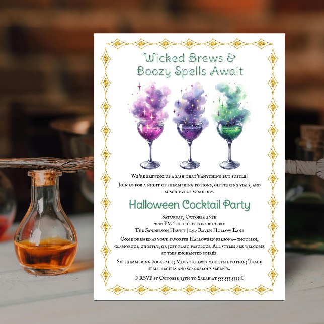 Halloween Cocktail Party Invitation (Magical drinks and elixirs Halloween cocktail party invitation front view.)