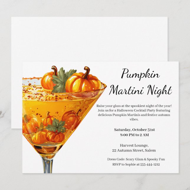 Halloween Cocktail Party | Pumpkin Martini Invitation (Front/Back)