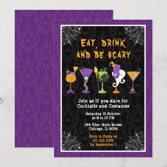 Halloween Cocktails and Costumes Party Purple Invitation (Front/Back)