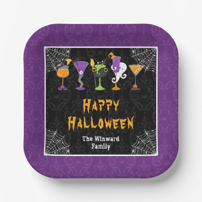 Halloween Cocktails and Costumes Party Purple Paper Plate (Front)
