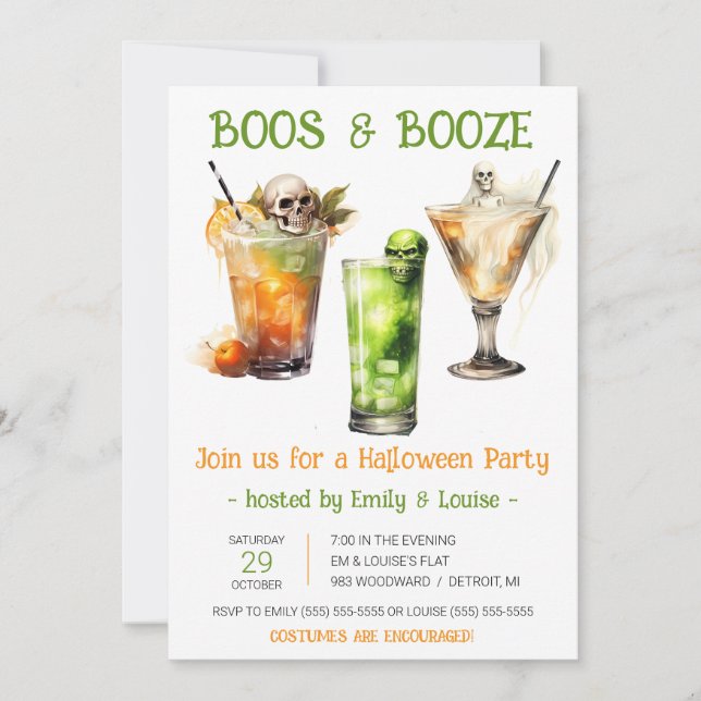 Halloween Cocktails, Boos & Booze Halloween Party Invitation (Front)