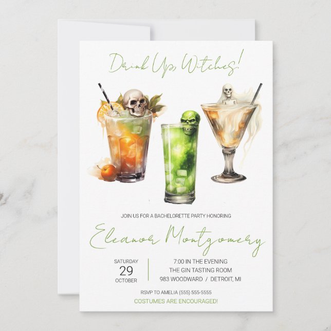 Halloween Cocktails, Drinks, Bachelorette Party Invitation (Front)