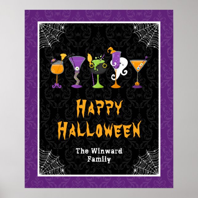 Halloween Cocktails Purple Damask Party Sign (Front)