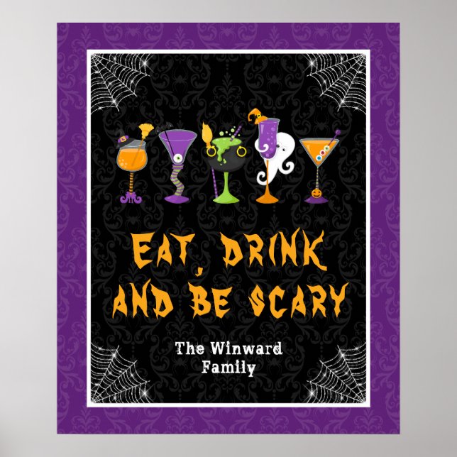 Halloween Cocktails Purple Damask Party Sign (Front)