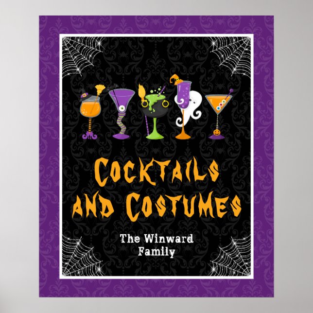 Halloween Cocktails Purple Damask Party Sign (Front)