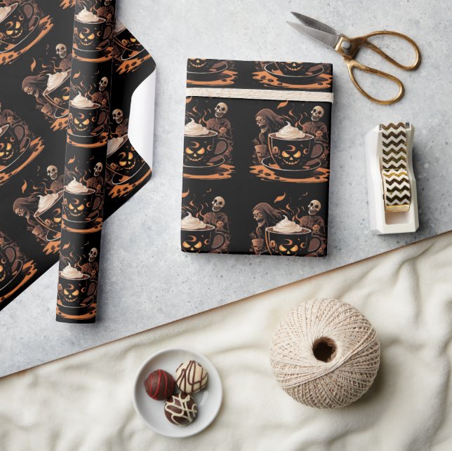 Halloween Coffee Art – Spooky Latte with Skeletons Wrapping Paper (Crafts)