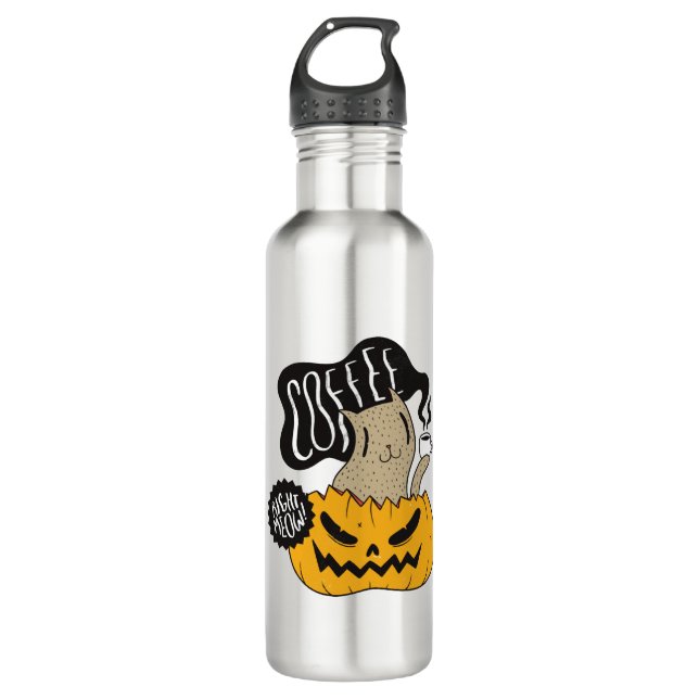 Halloween Coffee Cat - Cute Halloween Cat Drinking 710 Ml Water Bottle (Front)