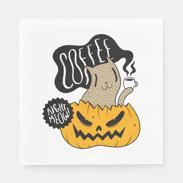 Halloween Coffee Cat - Cute Halloween Cat Drinking Napkin (Front)