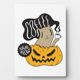 Halloween Coffee Cat - Cute Halloween Cat Drinking Plaque