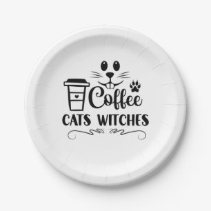 Halloween Coffee Cats Witches Birthday Paper Plate