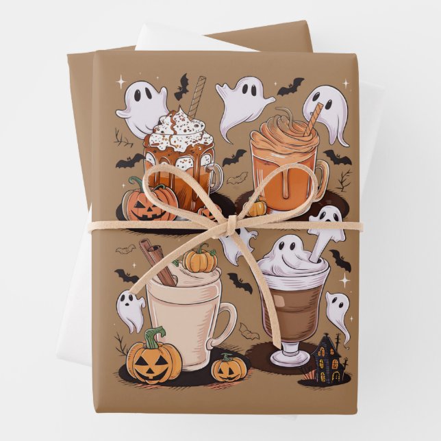 Halloween Coffee Cute Fall Iced Coffee Lover Gift  Wrapping Paper Sheet (In situ)