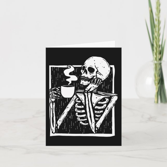 Halloween coffee drinking skeleton skull  card (Front)