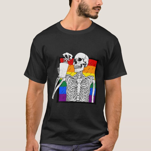 Halloween Coffee Drinking Skeleton Skull Coffee Lo T-Shirt (Front)