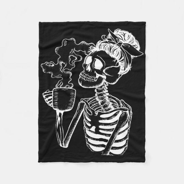 Halloween Coffee Drinking Skeleton Teacher Lazy Di Fleece Blanket (Front)