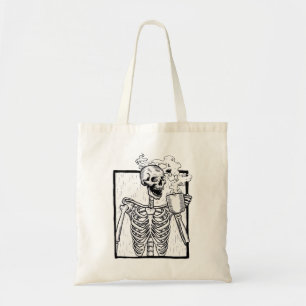 halloween coffee drinking skeleton tote bag