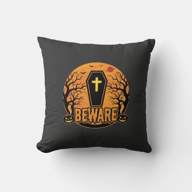 Halloween Coffin Beware Pumpkin Horror Design_1 Cushion (Front)