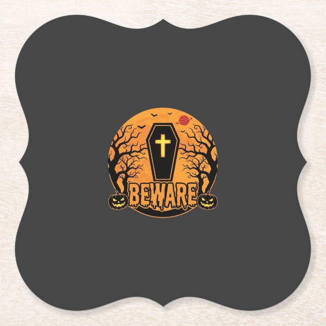 Halloween Coffin Beware Pumpkin Horror Design_1 Paper Coaster (Front)