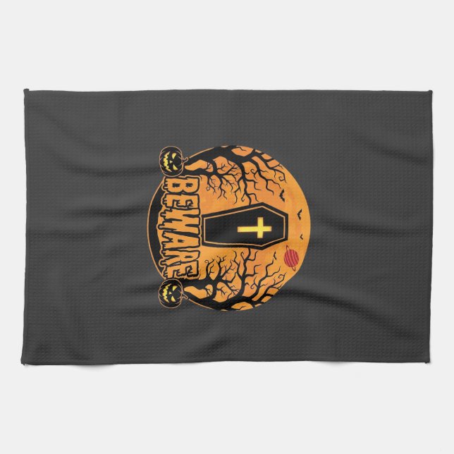 Halloween Coffin Beware Pumpkin Horror Design_1 Tea Towel (Horizontal)