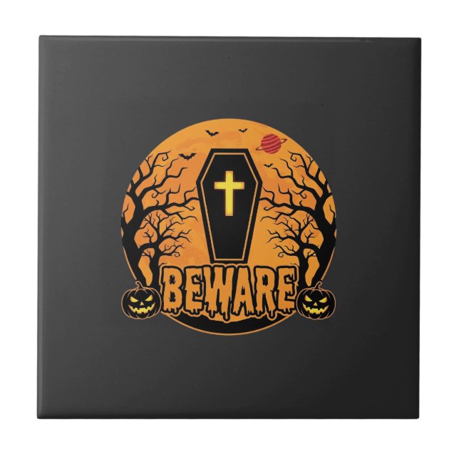 Halloween Coffin Beware Pumpkin Horror Design_1 Tile (Front)