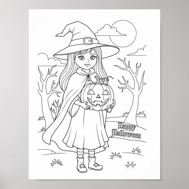 Halloween Colouring Page - A Girl with Pumpkin Poster (Front)
