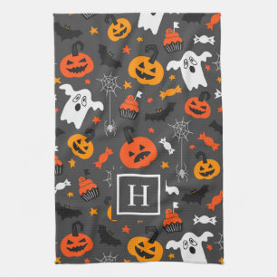 Halloween colours symbols pattern tea towel