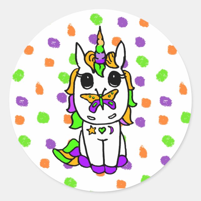 Halloween Colours Unicorn with Butterfly on Nose Classic Round Sticker (Front)