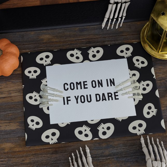 Halloween Come On In If You Dare Cute Skulls Doormat (Come on in if you dare! A fun skull Halloween doormat with text you can change)
