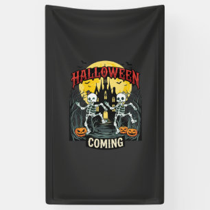 Halloween Coming Dancing Skeletons Castle Pumpkins Banner
