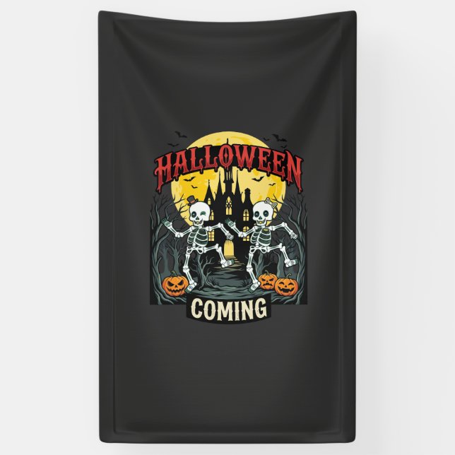 Halloween Coming Dancing Skeletons Castle Pumpkins Banner (Vertical)