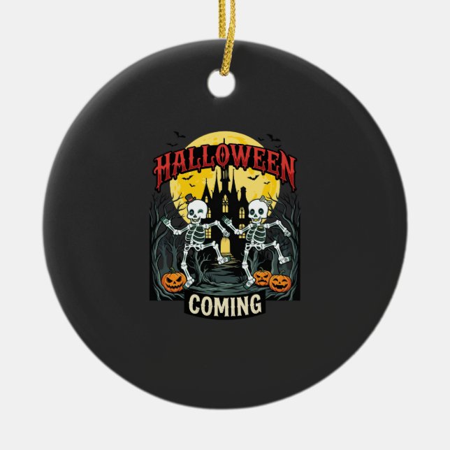 Halloween Coming Dancing Skeletons Castle Pumpkins Ceramic Tree Decoration (Front)
