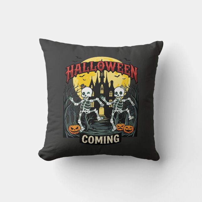 Halloween Coming Dancing Skeletons Castle Pumpkins Cushion (Front)
