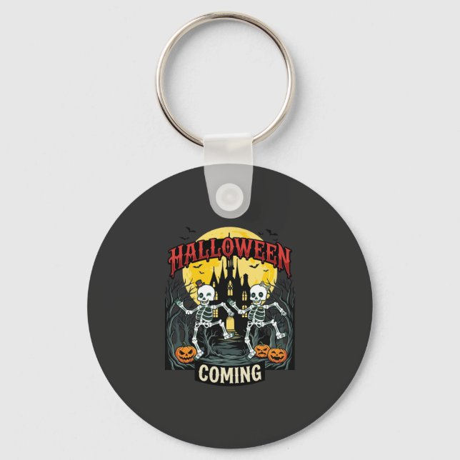 Halloween Coming Dancing Skeletons Castle Pumpkins Key Ring (Front)