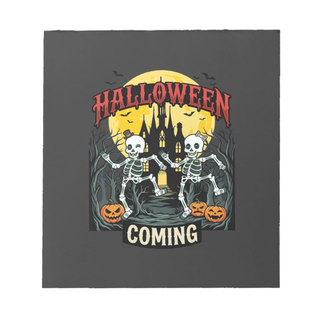 Halloween Coming Dancing Skeletons Castle Pumpkins Notepad (Front)