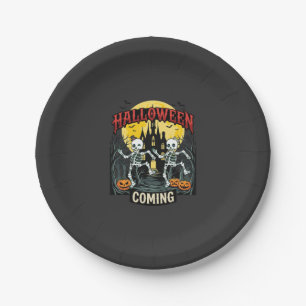 Halloween Coming Dancing Skeletons Castle Pumpkins Paper Plate