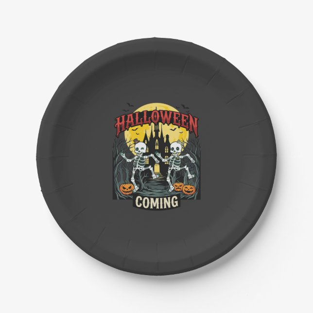 Halloween Coming Dancing Skeletons Castle Pumpkins Paper Plate (Front)